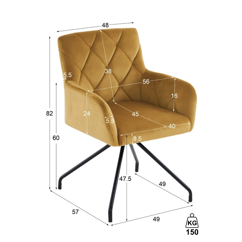 Ensemble de 2 chaises de salle à manger rembourrées en velours avec motif diamant, fauteuil moderne avec pieds en métal, 49x57x82 cm, Jaune