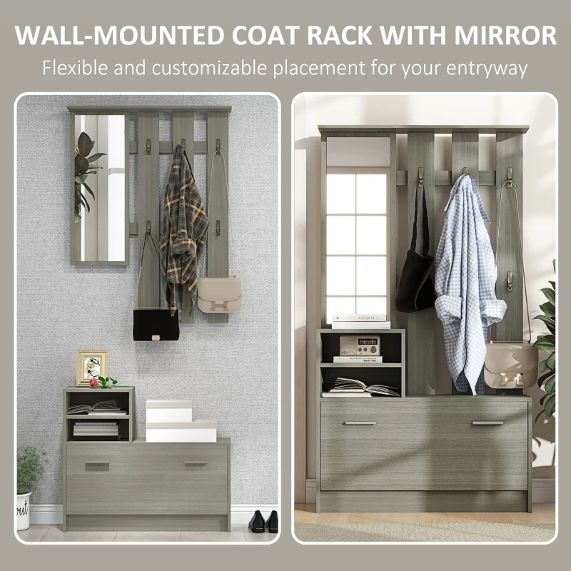 HOMCOM Set de Depozitare 4-în-1 pentru Hol, Cuier de Perete cu Oglindă, Bancă pentru Încălțăminte, 85x15x110 cm, Gri(m-5)