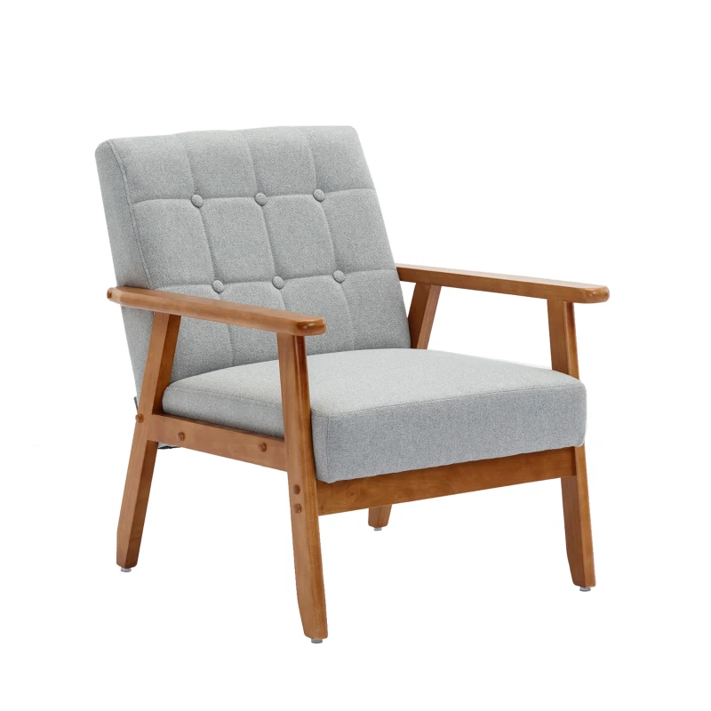 Fauteuil Relax Mid-Century Modern avec Accoudoirs et Pieds en Bois Massif pour Salon et Chambre à Coucher, Gris Clair