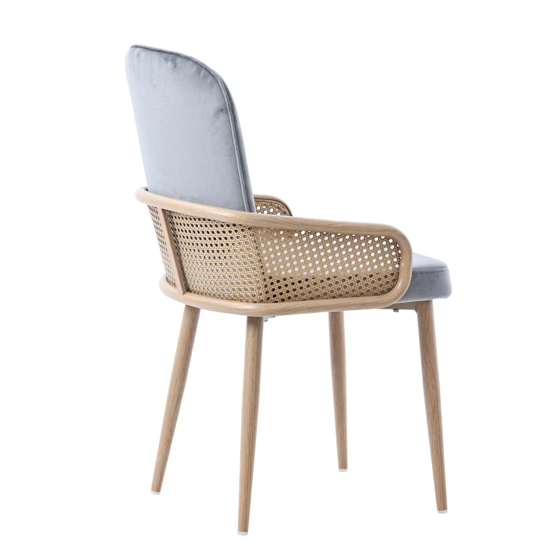 Ensemble de 4 chaises rembourrées en velours avec design en rotin et pieds en métal effet bois pour salle à manger, salon et chambre à coucher, Gris