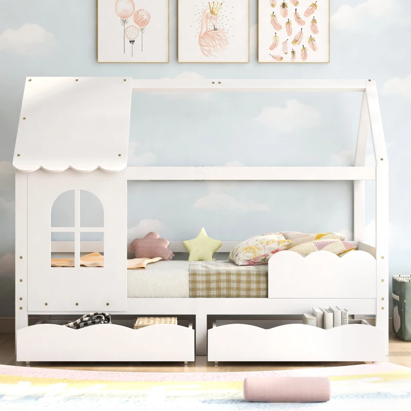 Lit pour Enfants Style Maison avec Protection Antichute, en Bois Massif de Pin, avec Fenêtres et Tiroirs, 203x96x160 cm, Blanc