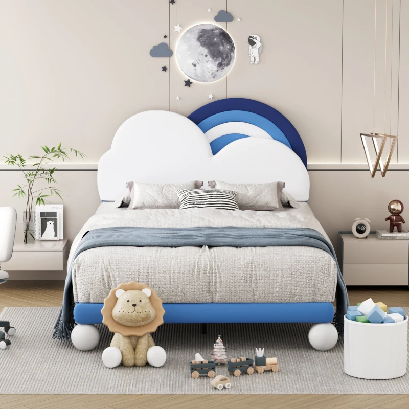Lit Coffre Double avec Sommier à Lattes et Tête de Lit Réglable en Hauteur, en PU, 140x204,5x116-122 cm, Bleu