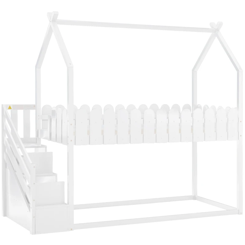 Lit superposé pour enfants en bois avec 3 marches et 2 tiroirs, décoration en clôture, 242,5x96,3x211,5 cm, Blanc
