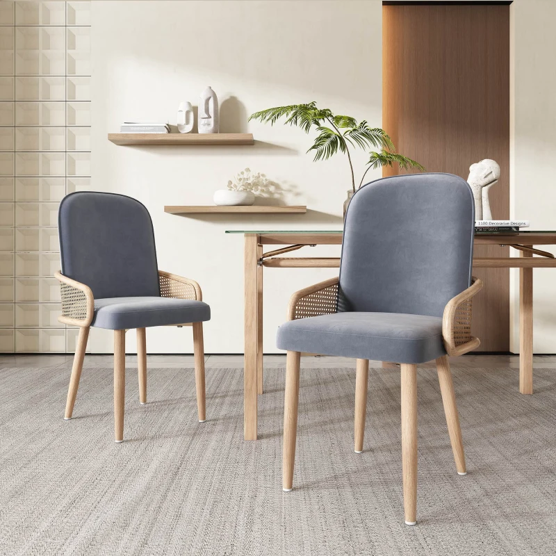 Ensemble de 4 chaises rembourrées en velours avec design en rotin et pieds en métal effet bois pour salle à manger, salon et chambre à coucher, Gris