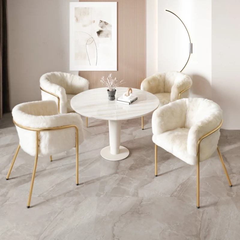 Ensemble de 6 Chaises de Salle à Manger Modernes au Style Élégant, Assise en Fausse Fourrure de Lapin, Structure en Métal, Adaptées pour Salon et Chambre, Beige