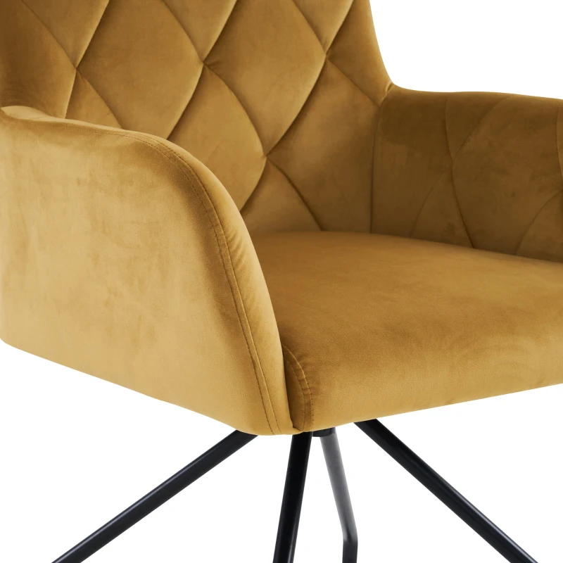 Ensemble de 2 chaises de salle à manger rembourrées en velours avec motif diamant, fauteuil moderne avec pieds en métal, 49x57x82 cm, Jaune