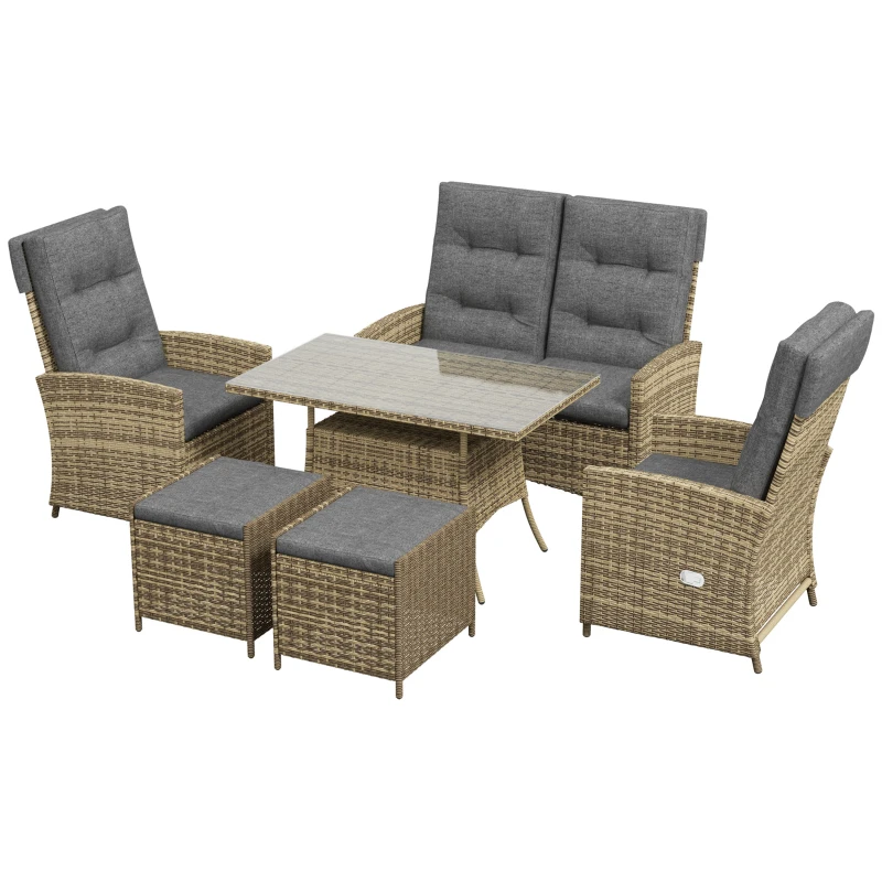 Outsunny 6 Seater Rattan Dining Set with 2 Reclining Chairs, Loveseat, 2 Stools, Rattan Garden Furniture Set with Cushions, Rectangular Glass Top Table, Aluminium Frame, Mixed Grey