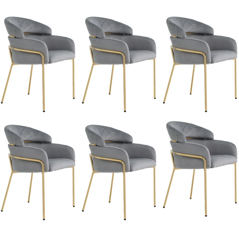 6 chaises de salle à manger tapissées de velours, légères et élégantes, quatre pieds en métal, parfaites pour les salons et les chambres, Gris