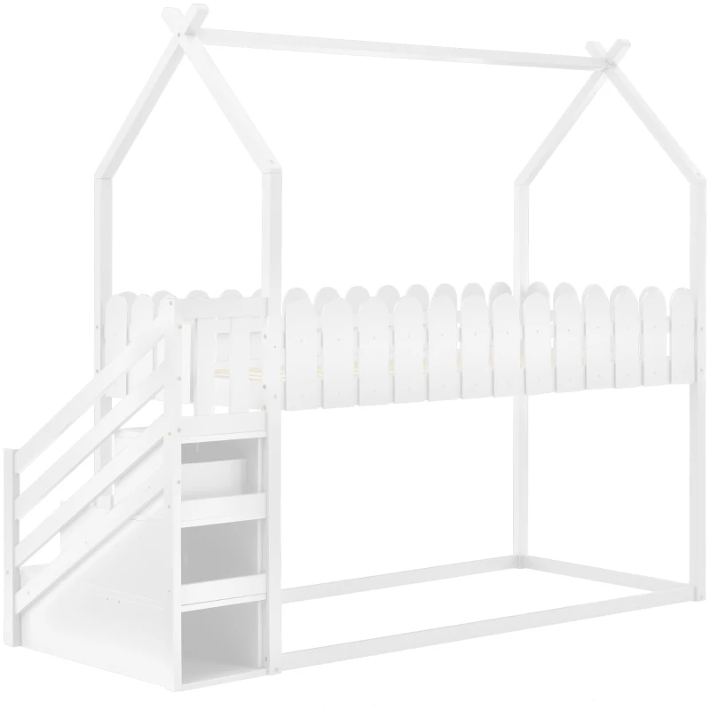 Lit superposé pour enfants en bois avec 3 marches et 2 tiroirs, décoration en clôture, 242,5x96,3x211,5 cm, Blanc