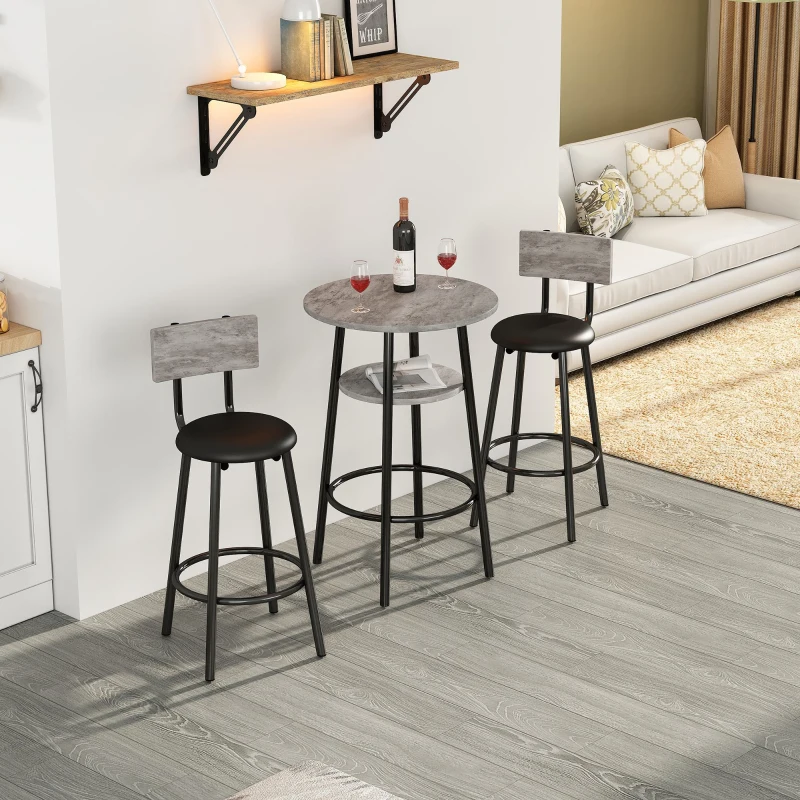 Ensemble Table Haute avec 2 Tabourets de Bar en Bois et Métal, Gris+Noir