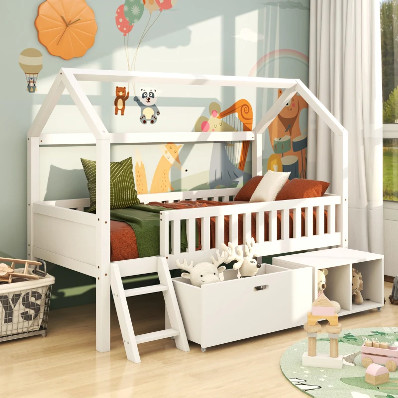 Lit Superposé pour Chambre d'Enfant avec Escaliers, Étagères et Garde-Corps, en Bois de Pin, avec Rangement, 205.5x99.5x161.5 cm, Blanc