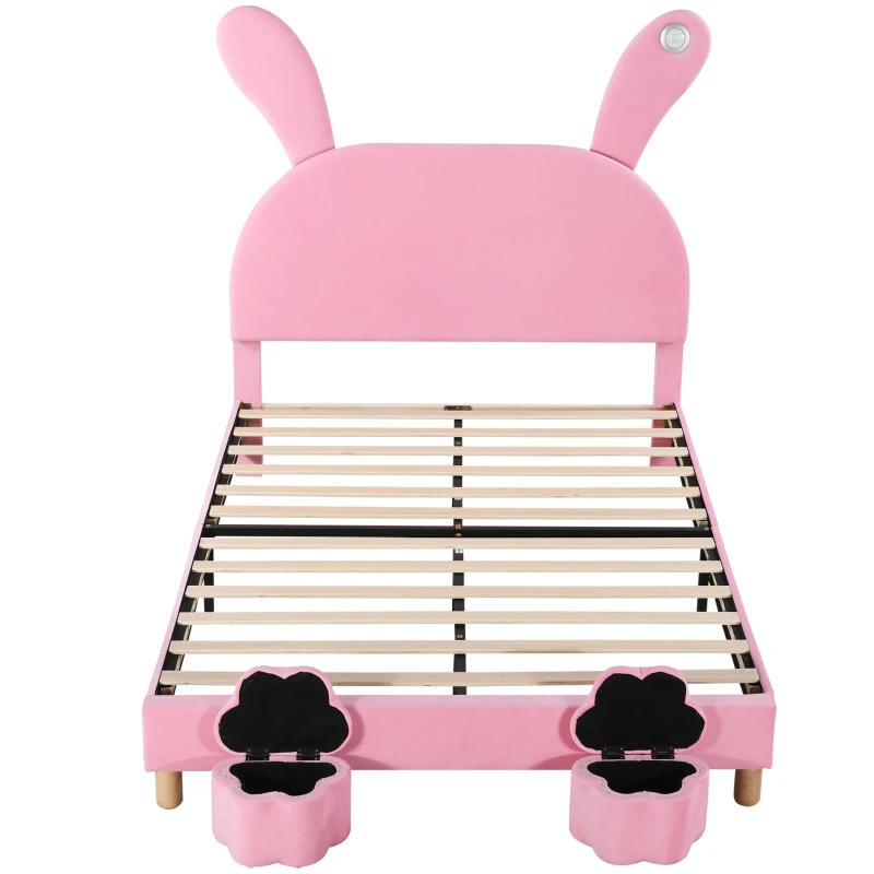 Lit Double avec Rangement en velours, Tête de Lit Rembourrée Réglable et Éclairage LED, 140x203,5x145-151,5 cm, Rose