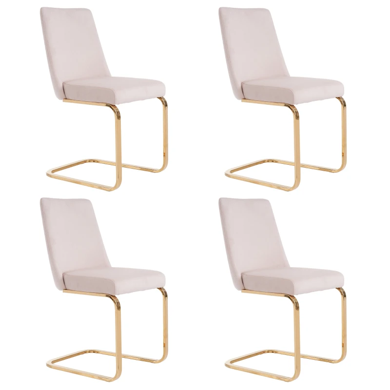 Ensemble de 4 chaises de salle à manger rembourrées en velours avec design diamant au dos et pieds de support en métal doré, idéales pour salle à manger et salon, Beige