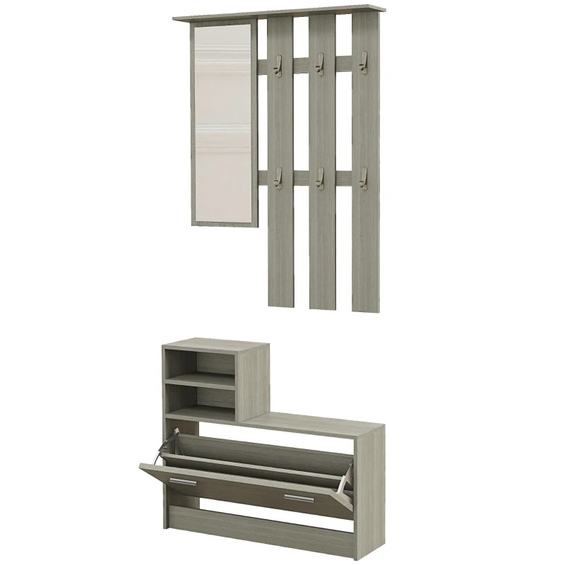 HOMCOM Set de Depozitare 4-în-1 pentru Hol, Cuier de Perete cu Oglindă, Bancă pentru Încălțăminte, 85x15x110 cm, Gri(m-10)