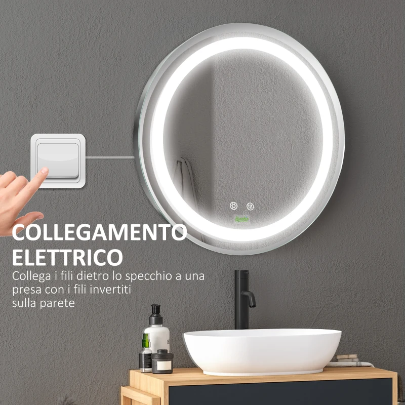 kleankin Specchio Bagno Rotondo con Luce LED Regolabile e Funzione Anti Appannamento, Ø50cm