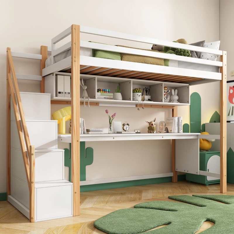 Lit Superposé pour Enfants en Bois avec Échelle de Rangement et Bureau Enfant avec Rangement Intégré, Blanc+Chêne