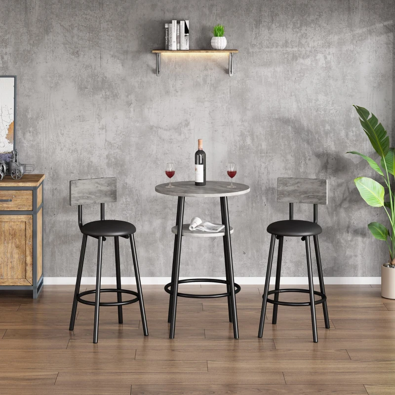 Ensemble Table Haute avec 2 Tabourets de Bar en Bois et Métal, Gris+Noir