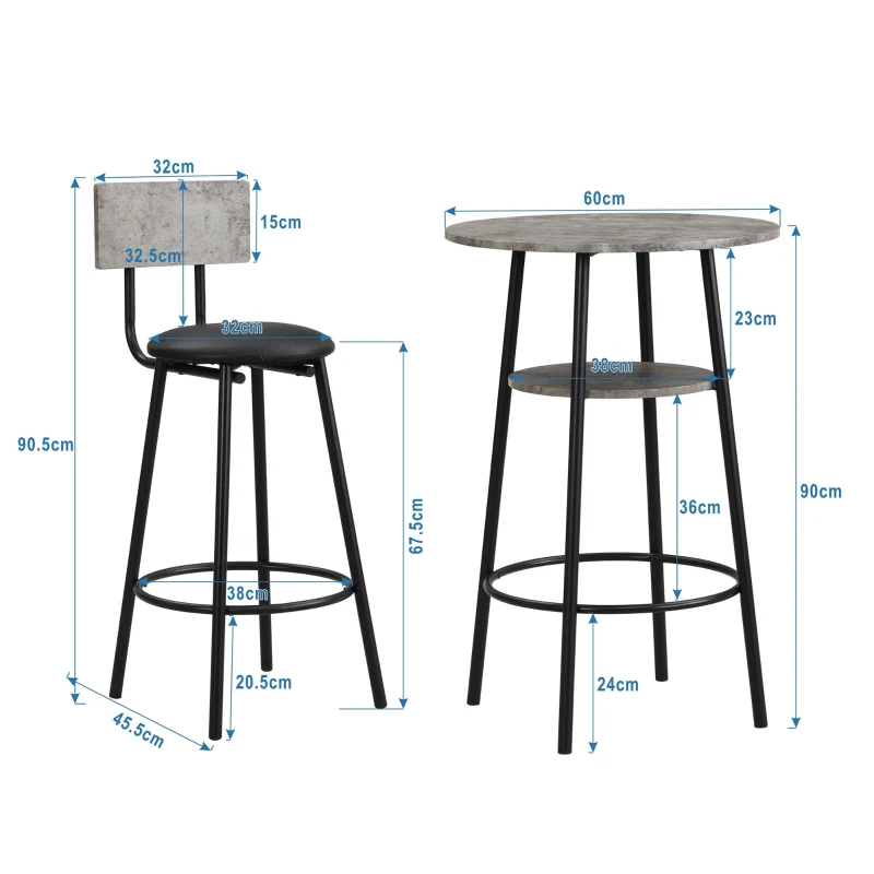 Ensemble Table Haute avec 2 Tabourets de Bar en Bois et Métal, Gris+Noir