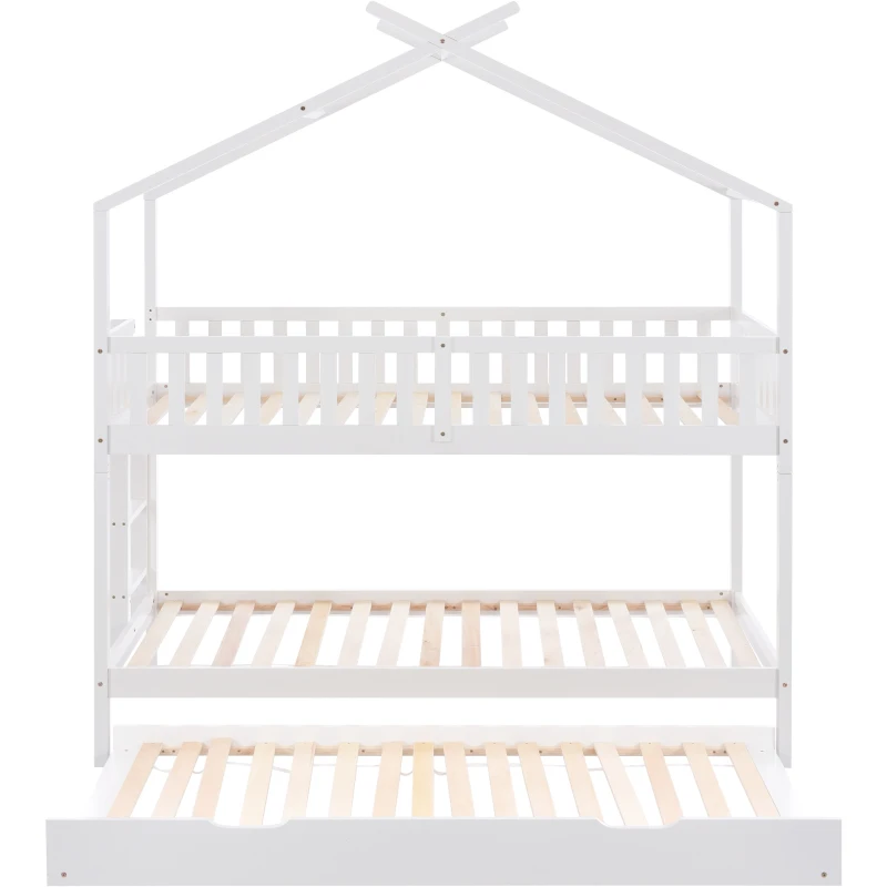 Lit Superposé pour Enfants en Bois de Pin avec 3 Lits, Design Gain de Place, 206x97x235 cm, Blanc