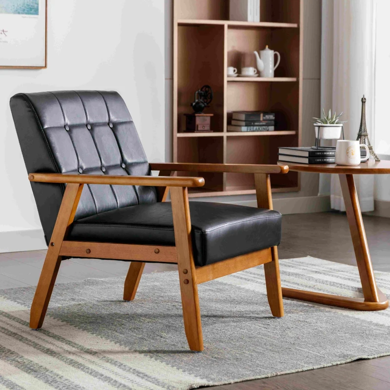 Fauteuil de Relaxation Mid-Century Modern avec Accoudoirs et Pieds en Bois Massif pour Salon et Chambre à Coucher, Noir