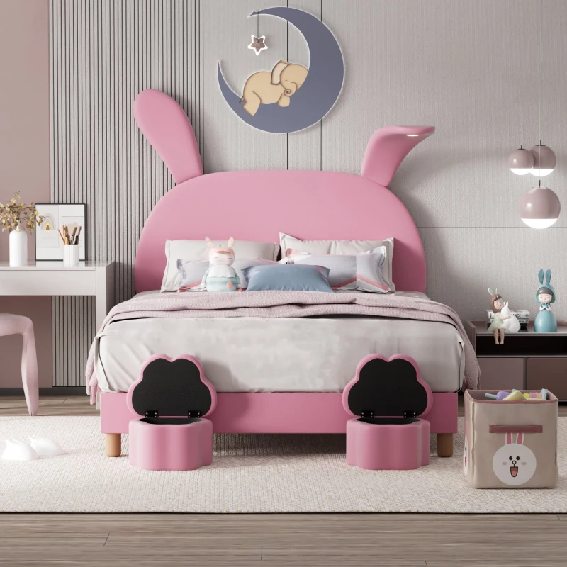 Lit Double avec Rangement en velours, Tête de Lit Rembourrée Réglable et Éclairage LED, 140x203,5x145-151,5 cm, Rose