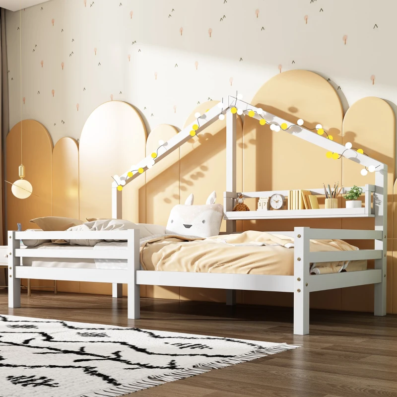 Lit pour Enfants en Forme de Maison avec Bibliothèque Intégrée de Style Nordique, en Bois de Pin, 206.5x97x138.5 cm, Blanc