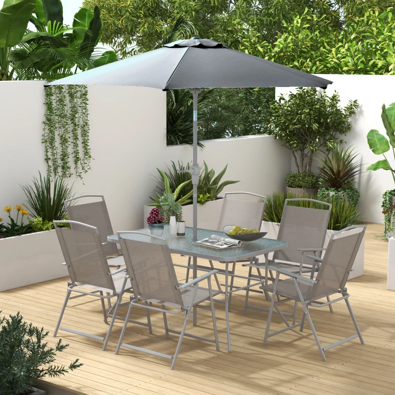 Outsunny Set de Grădină cu Masă, 6 Scaune Pliante și Umbrelă de Soare cu Manivelă, Lounge în Aer Liber din 8 Piese, 130x80x71 cm, Gri