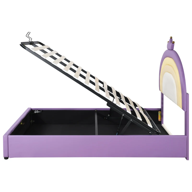 Lit Coffre Double avec Système Hydraulique, Sommier à Lattes et Tête de Lit Réglable en Hauteur, en Bois, 140x203x125-131 cm, Violet