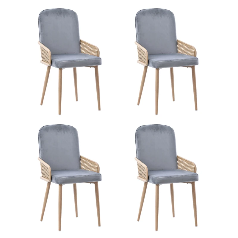Ensemble de 4 chaises rembourrées en velours avec design en rotin et pieds en métal effet bois pour salle à manger, salon et chambre à coucher, Gris