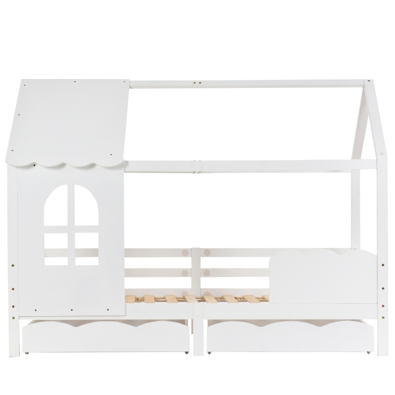 Lit pour Enfants Style Maison avec Protection Antichute, en Bois Massif de Pin, avec Fenêtres et Tiroirs, 203x96x160 cm, Blanc
