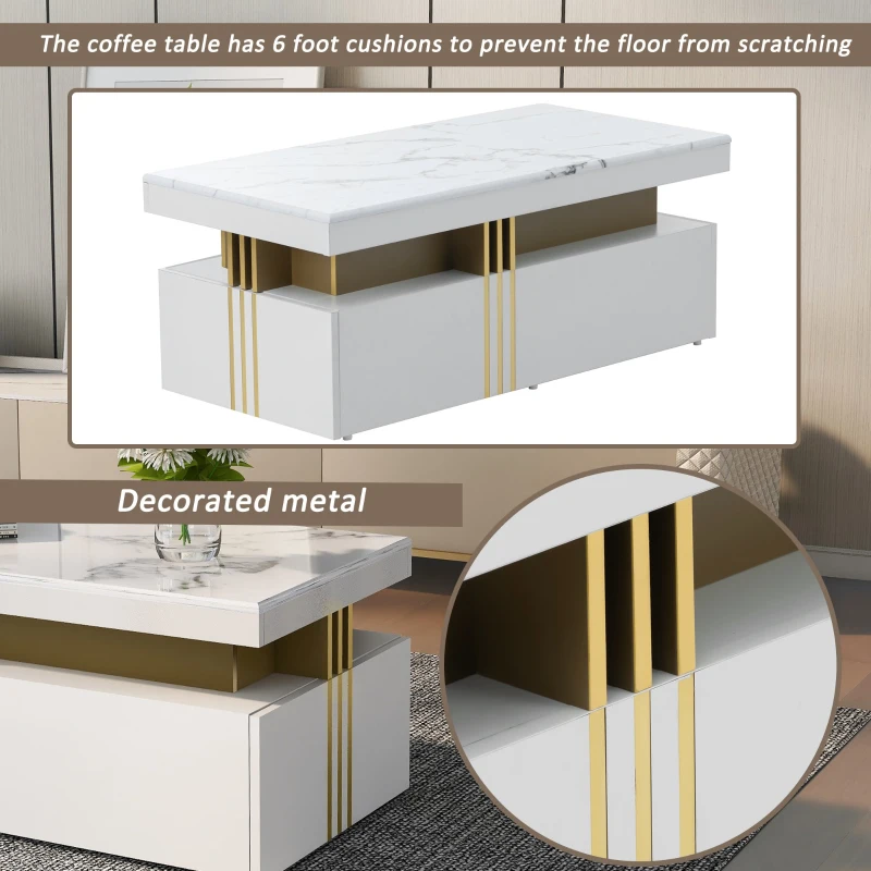 Modern Rectangular Coffee Table with PVC Pattern Top and 2 Wooden Drawers, Living Room Table, 100x50x40 cm, White