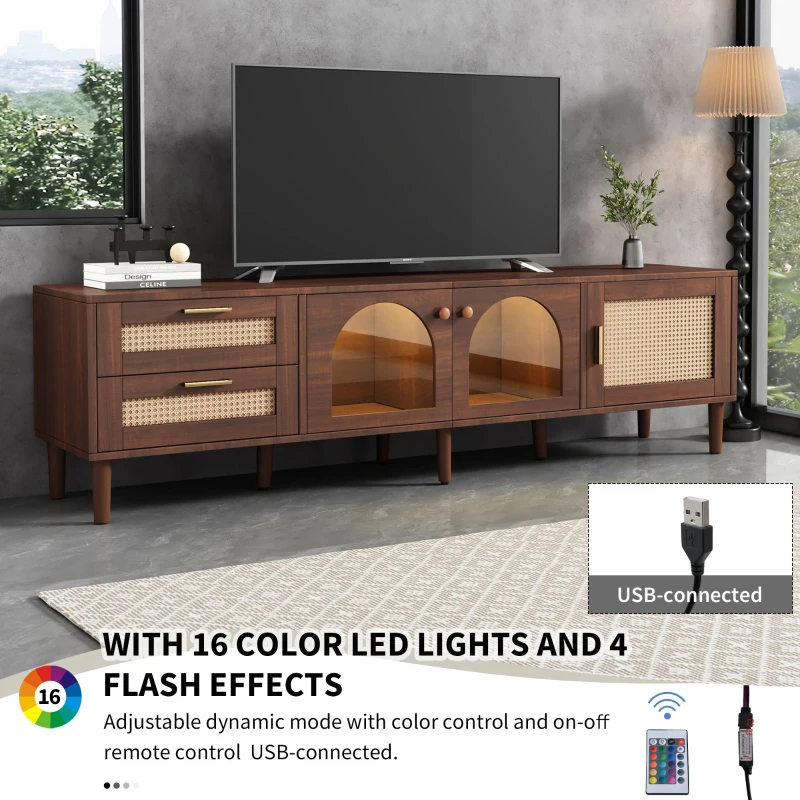 Wooden TV Stand for 80-Inch TV with Rattan Drawers, LED Lighting, Glass Doors, Modern Media Unit for Living Room, 180x40x50 cm, Brown