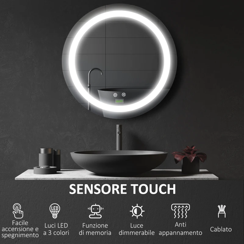 kleankin Specchio Bagno Rotondo con Luce LED Regolabile e Funzione Anti Appannamento, Ø50cm
