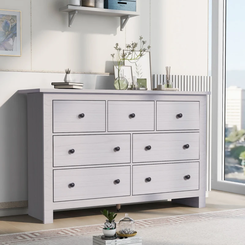 Sideboard Storage Cabinet with 7 Drawers, High-Quality Chipboard, Easy Assembly, 140x40x89 cm, Modern Freestanding Organizer for Living Room or Bedroom, White