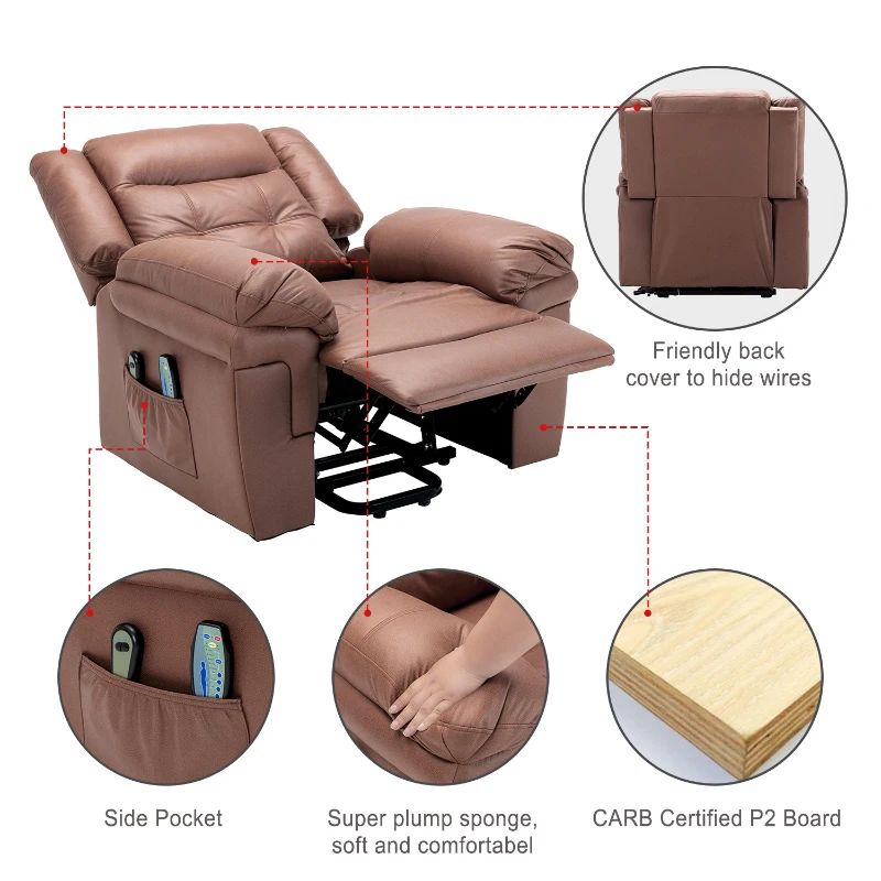 Power Lift Recliner, Executive Reclining Chair with Heating Massage Points for Elderly, Soft Upholstery and Sturdy Frame, 99x83x106 cm, Brown