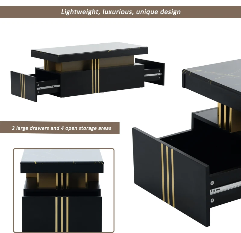Modern Coffee Table with PVC Pattern Top and 2 Wooden Drawers, Living Room Table, 100x50x40 cm, Black