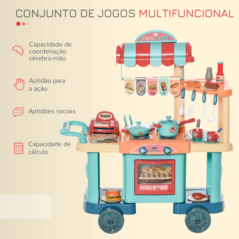 HOMCOM Cozinha de Brinquedo para Crianças de 3 a 6 Anos com Rodas Caixa Registradora e 50 Acessórios 79,5x33x90,5 cm Multicolor