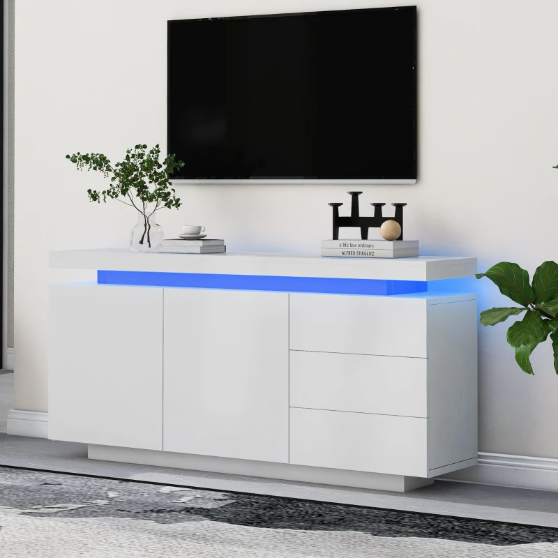 Mid-Century Style Sideboard with 16-Colour LED Lights, 2 Doors and 3 Drawers, Cupboard for Hallway, 140x35x72.5 cm, White