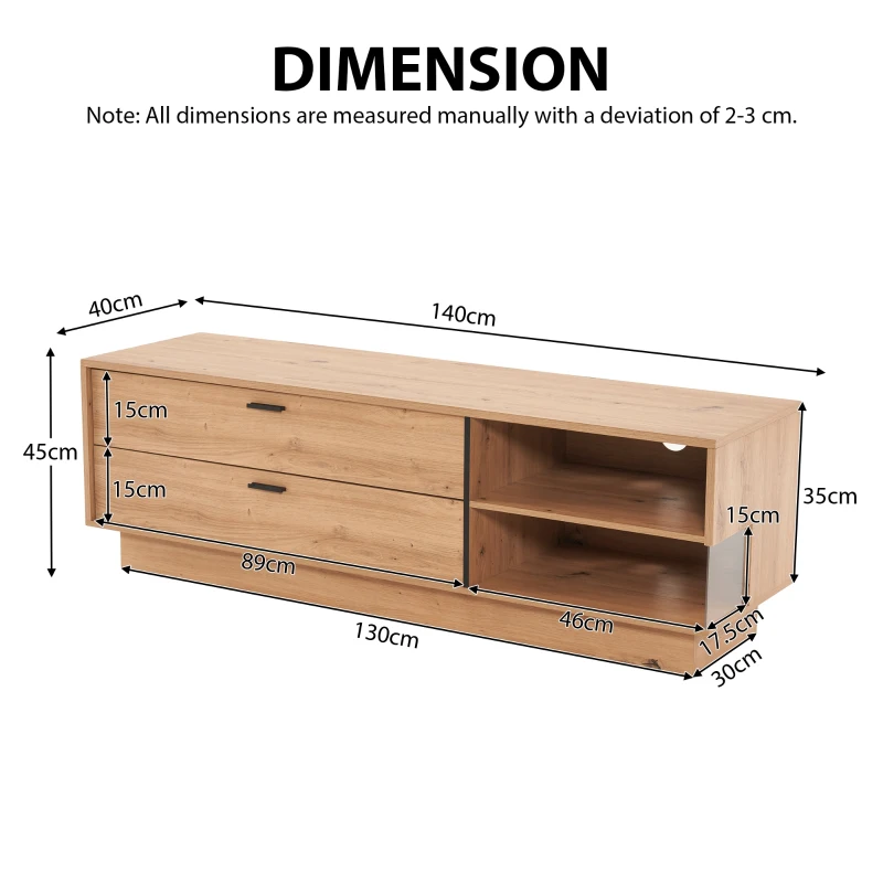 Wooden TV Units with 2 Drawers and Open Storage for 60-Inch TV, Oak Finish TV Stand for Living Room, 140x40x45 cm, Oak