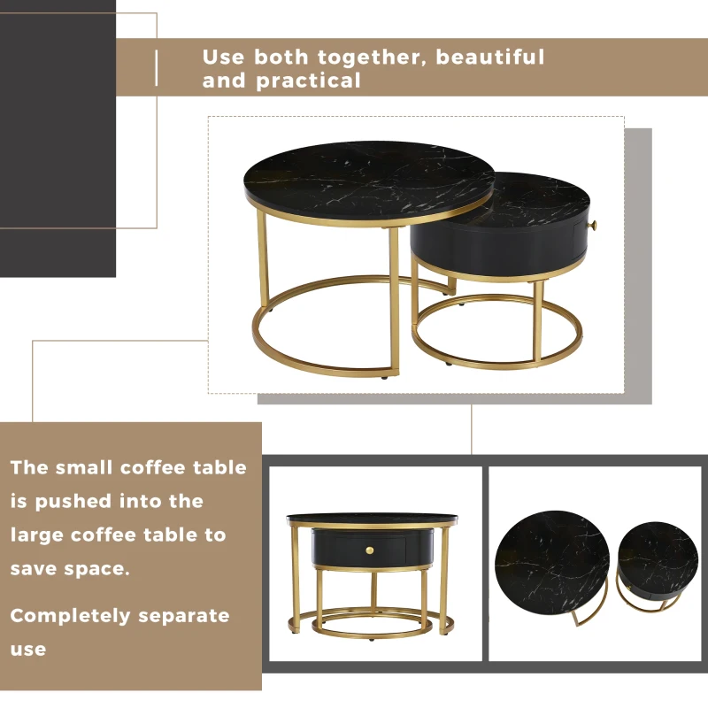 Round Nesting Coffee Tables with Storage Drawer, Gold Metal Frame, Marble Pattern Top, Sofa Side Table for Living Room, Bedroom, Office, Black