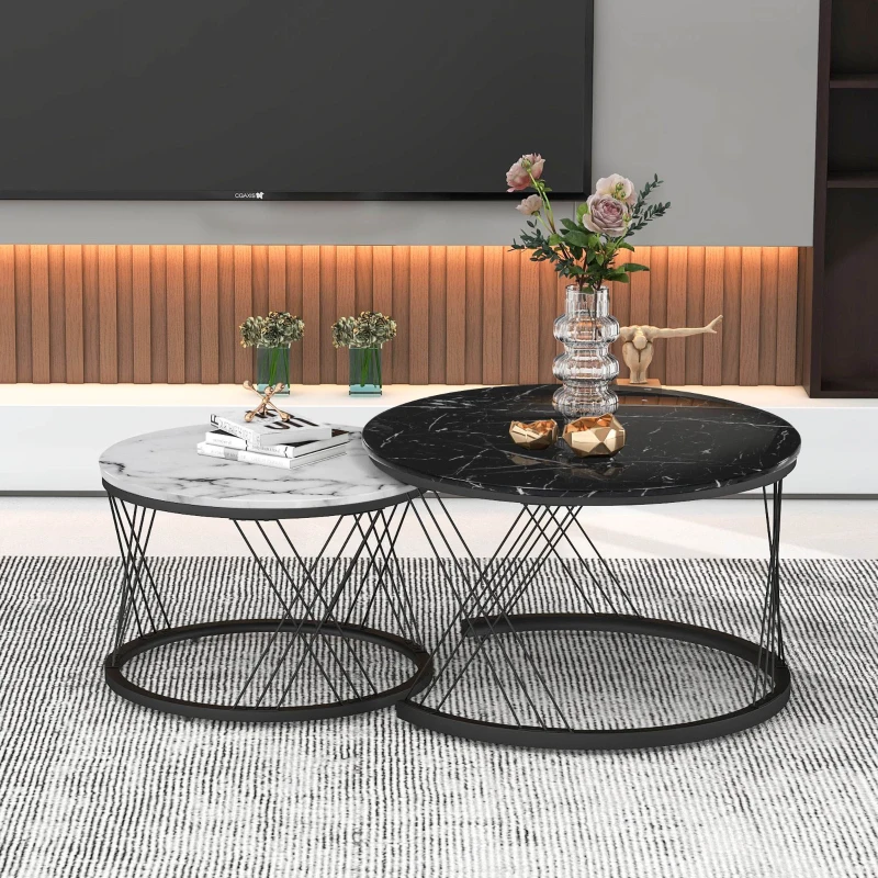Nesting Coffee Tables with Marble Top, Metal Frame, Sofa Side Tables for Bedroom, Living Room, 70x70x45.5 cm and 44.5x44.5x38 cm, Black