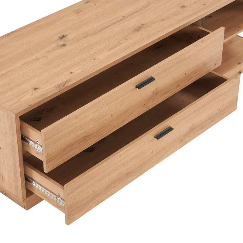 Wooden TV Units with 2 Drawers and Open Storage for 60-Inch TV, Oak Finish TV Stand for Living Room, 140x40x45 cm, Oak