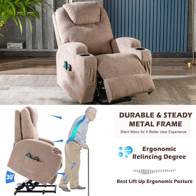 Remote Control Power Lift Massage Chair with Heating Points, Cup Holders, Side Pockets, Electric Lounger Chair for Elderly, 81x73x105 cm, Light Brown