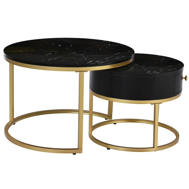 Round Nesting Coffee Tables with Storage Drawer, Gold Metal Frame, Marble Pattern Top, Sofa Side Table for Living Room, Bedroom, Office, Black