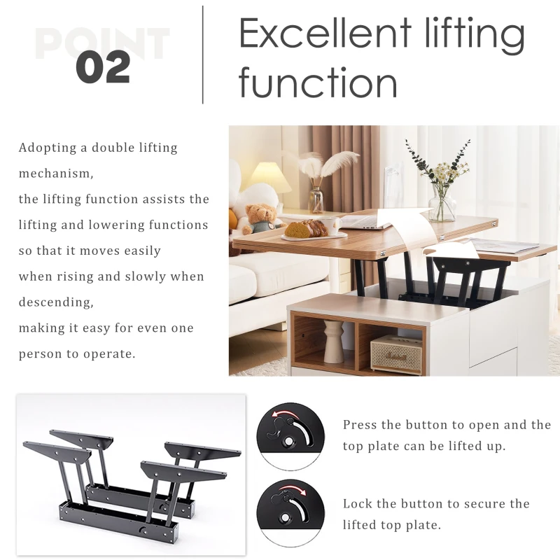 Lift-Top Coffee Table with Storage, 3 Drawers and Adjustable Height, 100x51x47 cm, White & Oak