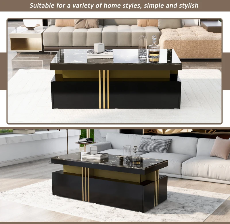 Modern Coffee Table with PVC Pattern Top and 2 Wooden Drawers, Living Room Table, 100x50x40 cm, Black