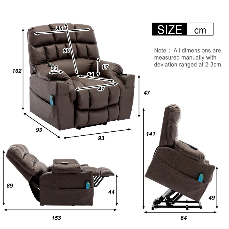 Ergonomic Leather Recliner Chair with Heating, Power Lift Mechanism, Electric Heavy Duty Massage Chair for Elderly, 93x93x102 cm, Brown