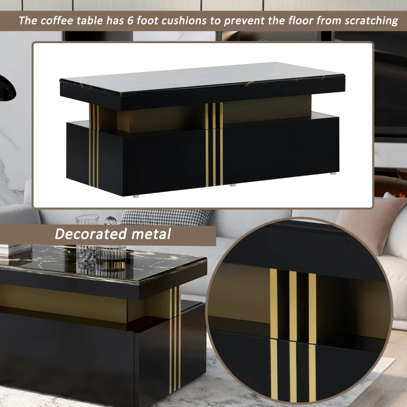 Modern Coffee Table with PVC Pattern Top and 2 Wooden Drawers, Living Room Table, 100x50x40 cm, Black