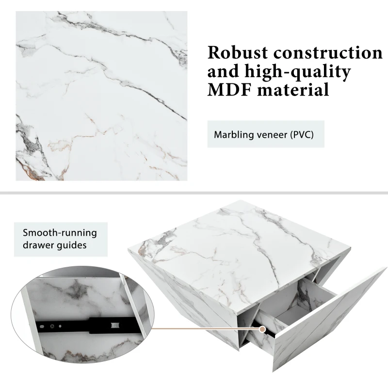 Modern Trapezoidal Coffee Table with 2 Drawers, Marbling Veneer End Table, Side Table with Storage for Living Room, 70x70x37 cm, White