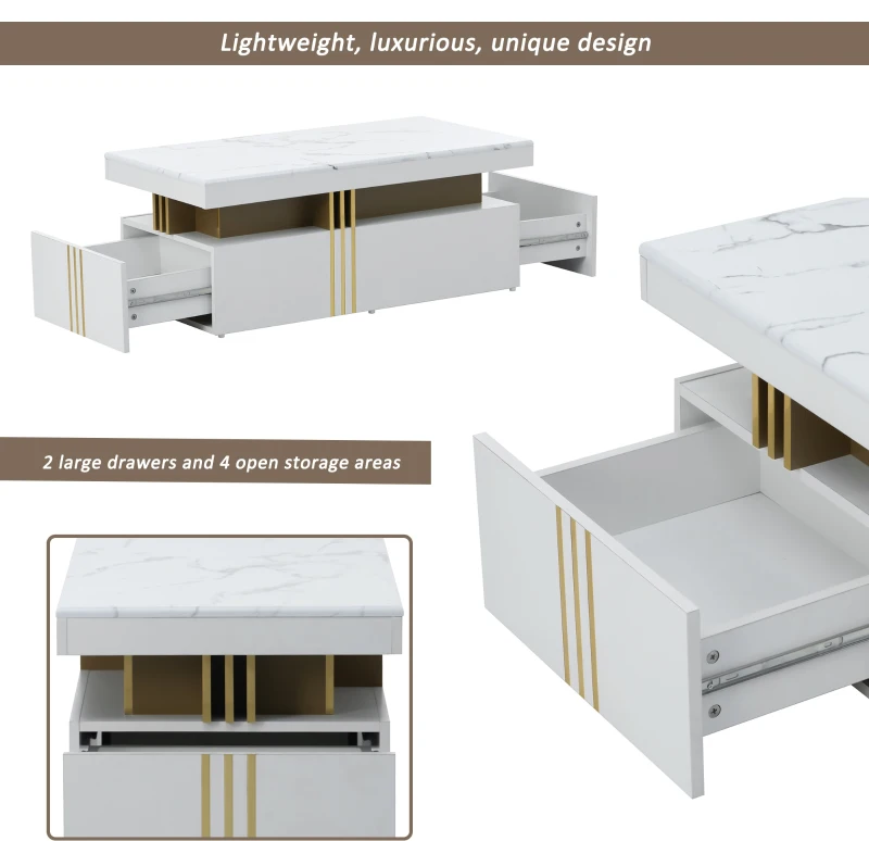 Modern Rectangular Coffee Table with PVC Pattern Top and 2 Wooden Drawers, Living Room Table, 100x50x40 cm, White